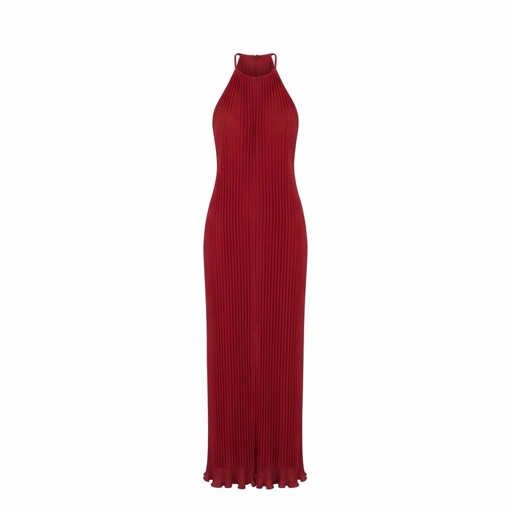 Zara Pleated Halter Maxi Dress Womens Small Red Sleeveless Accordion Good